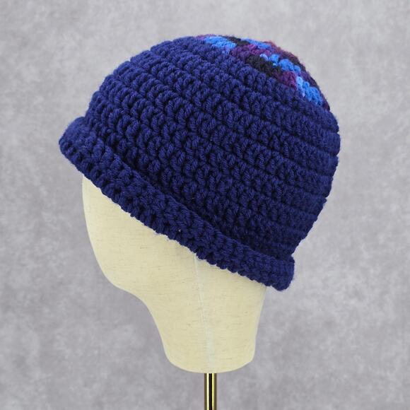 Blue Purple Crochet Knit Bucket Cap Hat Fun Vintage Y2K Funky Beanie - Picture 3 of 5
